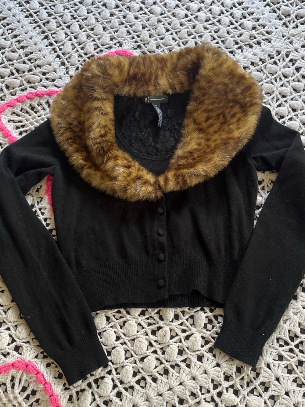 INC International Concepts Black Sweater Cardigan with Brown Faux Fur Collar